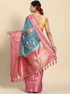 Turquoise Munga Silk Digital Print Floral Saree with Unstitched Blouse - Hiral Fashion