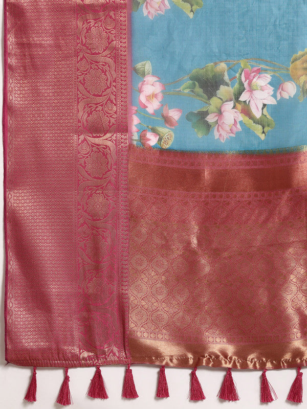Turquoise Munga Silk Digital Print Floral Saree with Unstitched Blouse - Hiral Fashion