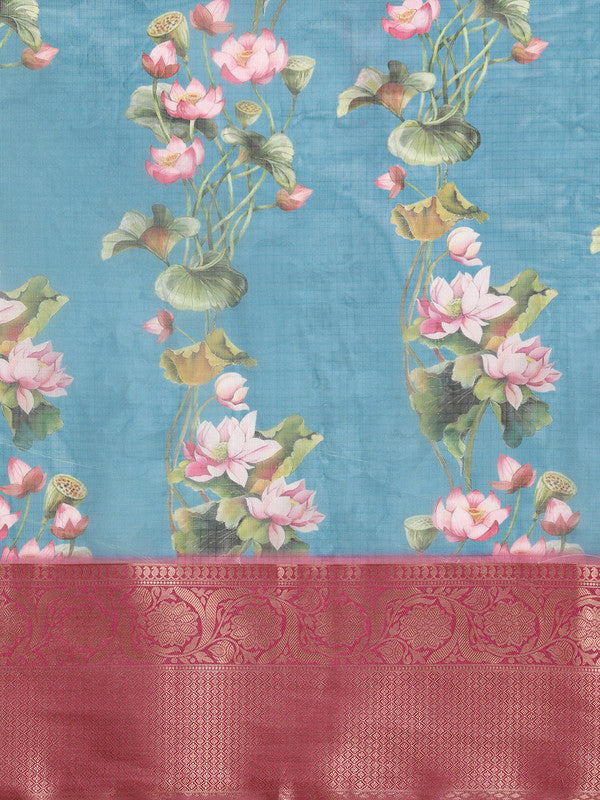 Turquoise Munga Silk Digital Print Floral Saree with Unstitched Blouse - Hiral Fashion
