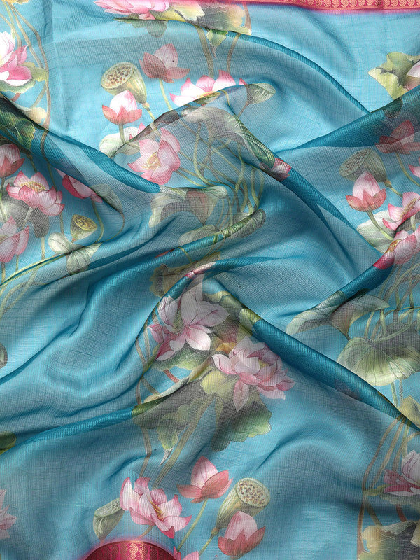 Turquoise Munga Silk Digital Print Floral Saree with Unstitched Blouse - Hiral Fashion