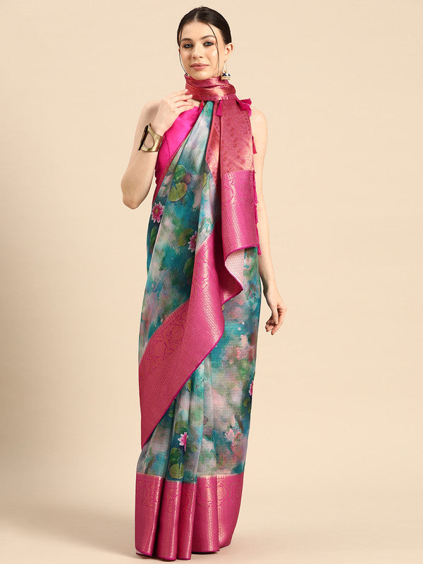Multicolor Munga Silk Digital Print Floral Saree with Unstitched Blouse - Hiral Fashion