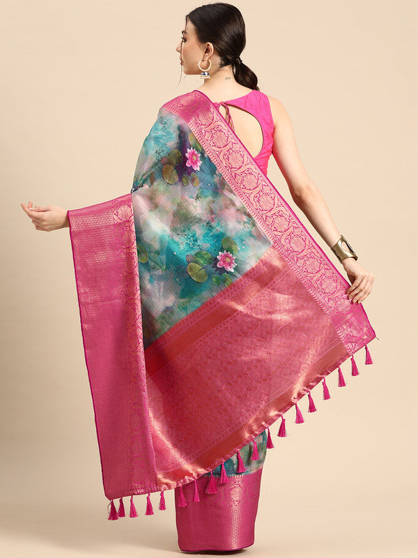 Multicolor Munga Silk Digital Print Floral Saree with Unstitched Blouse - Hiral Fashion
