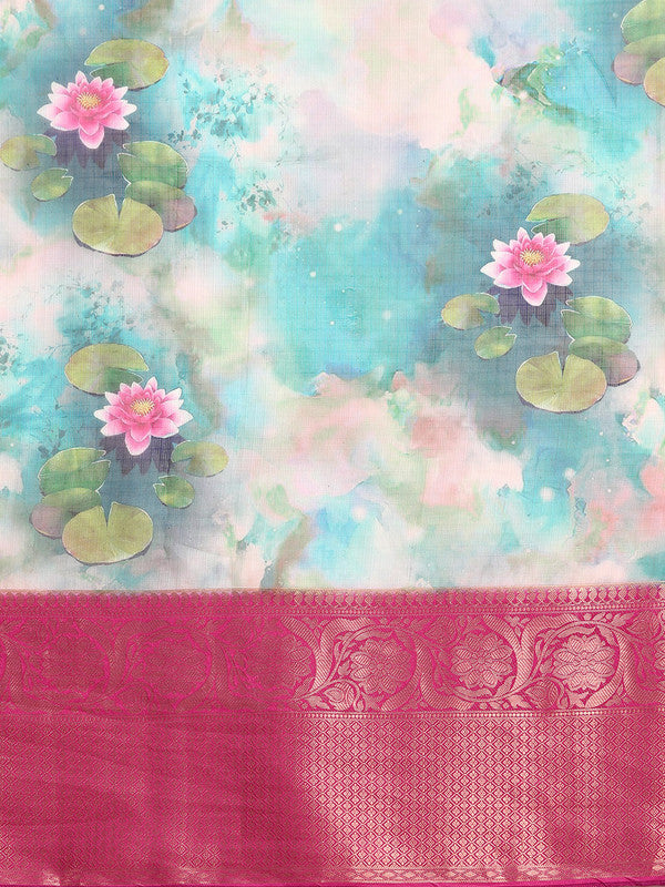 Multicolor Munga Silk Digital Print Floral Saree with Unstitched Blouse - Hiral Fashion