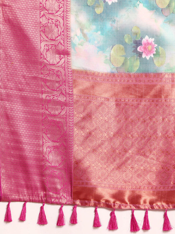 Multicolor Munga Silk Digital Print Floral Saree with Unstitched Blouse - Hiral Fashion