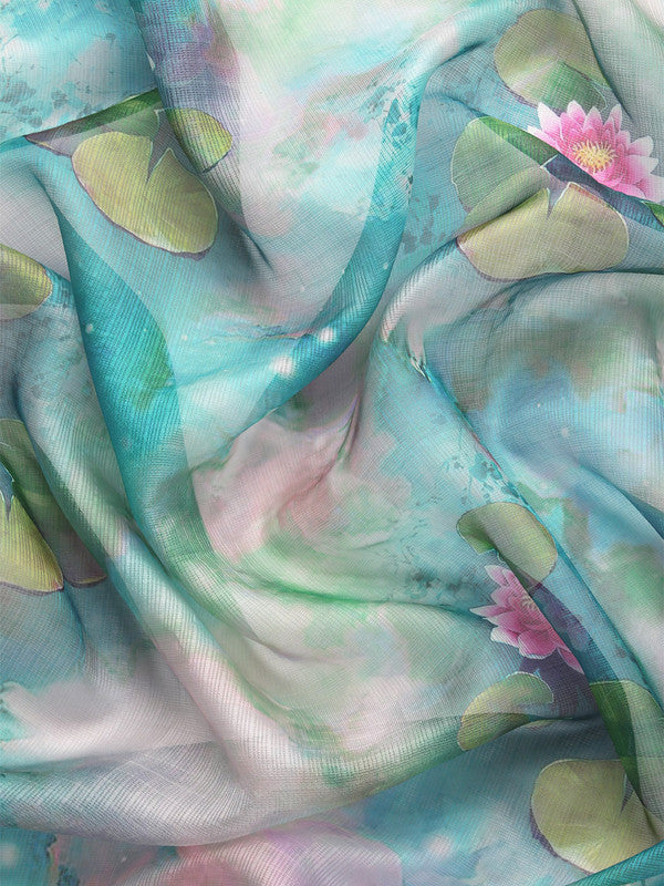 Multicolor Munga Silk Digital Print Floral Saree with Unstitched Blouse - Hiral Fashion