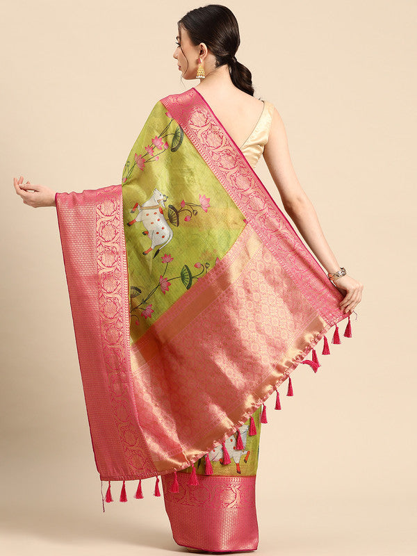 Olive Munga Silk Digital Print Animal Print Saree with Unstitched Blouse - Hiral Fashion