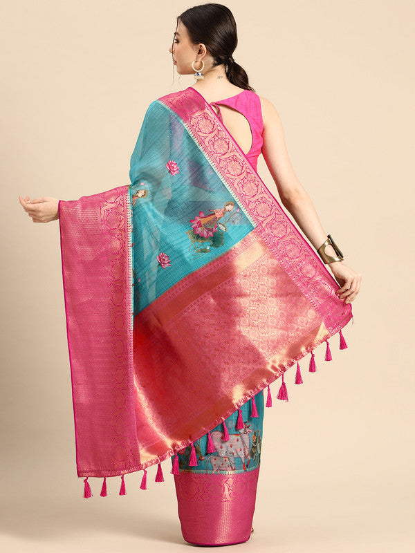 Turquoise Munga Silk Digital Print Animal Print Saree with Unstitched Blouse - Hiral Fashion