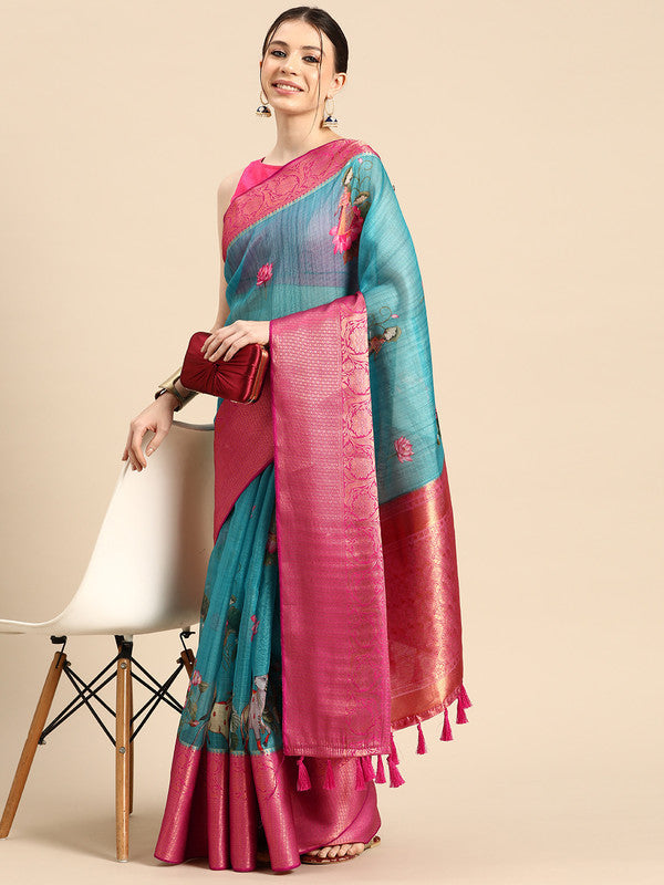 Turquoise Munga Silk Digital Print Animal Print Saree with Unstitched Blouse - Hiral Fashion