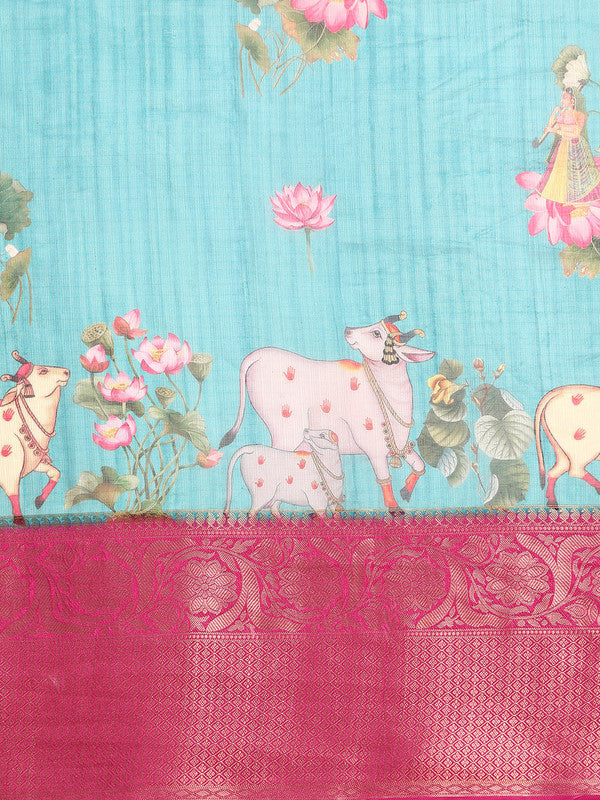Turquoise Munga Silk Digital Print Animal Print Saree with Unstitched Blouse - Hiral Fashion