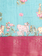 Turquoise Munga Silk Digital Print Animal Print Saree with Unstitched Blouse - Hiral Fashion