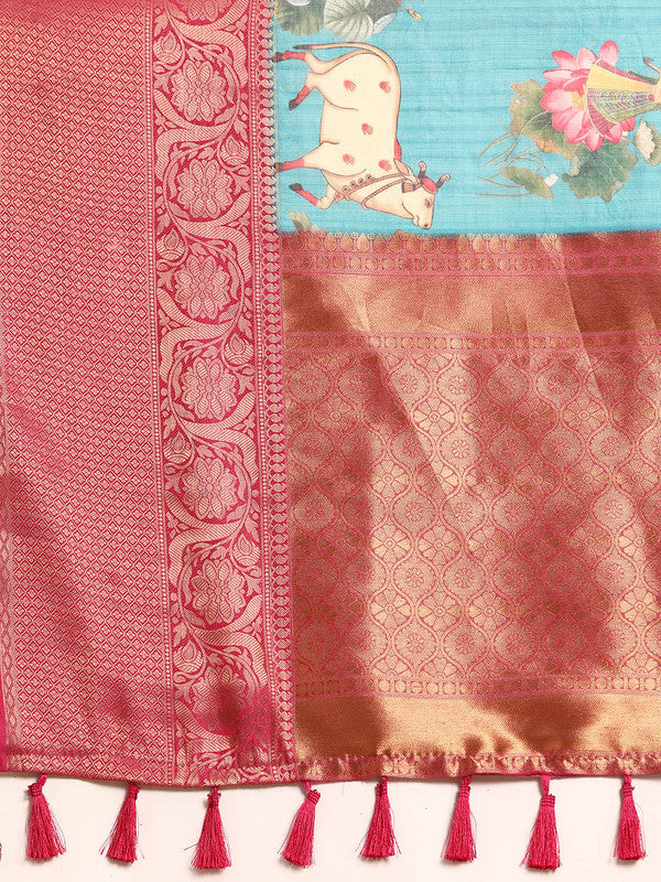 Turquoise Munga Silk Digital Print Animal Print Saree with Unstitched Blouse - Hiral Fashion