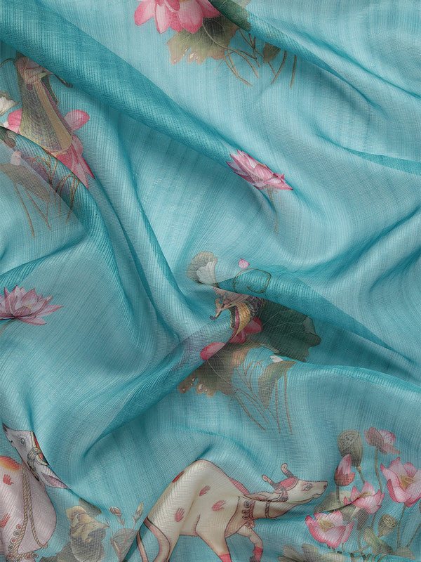 Turquoise Munga Silk Digital Print Animal Print Saree with Unstitched Blouse - Hiral Fashion