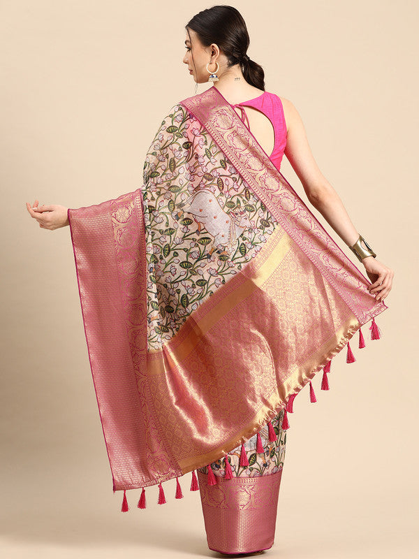 Beige Munga Silk Digital Print Animal Print Saree with Unstitched Blouse - Hiral Fashion