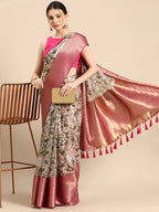 Beige Munga Silk Digital Print Animal Print Saree with Unstitched Blouse - Hiral Fashion