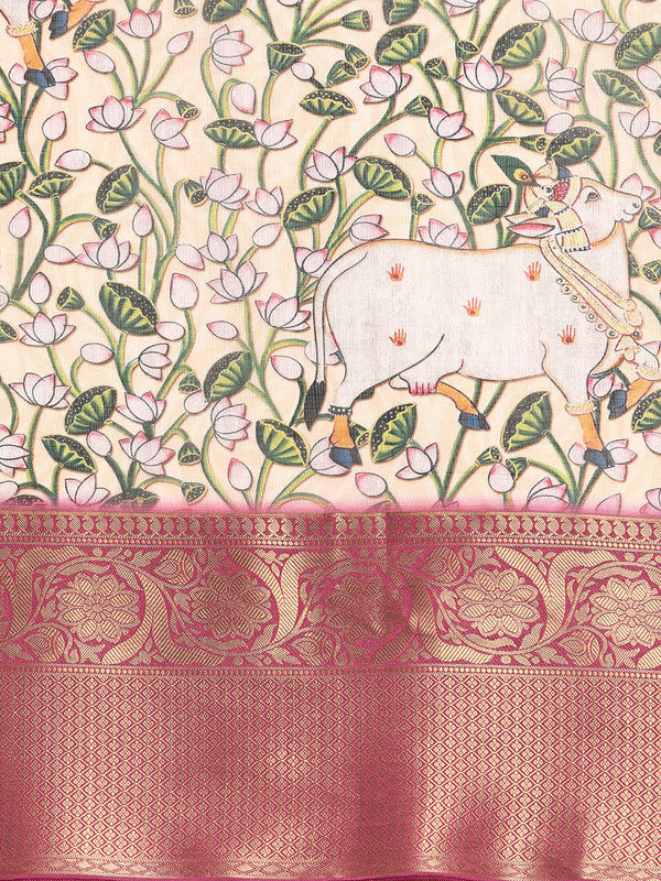 Beige Munga Silk Digital Print Animal Print Saree with Unstitched Blouse - Hiral Fashion