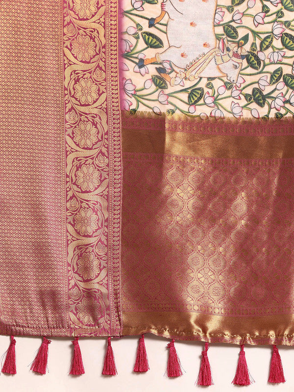 Beige Munga Silk Digital Print Animal Print Saree with Unstitched Blouse - Hiral Fashion