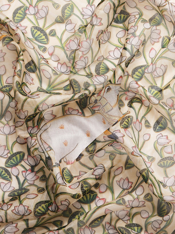 Beige Munga Silk Digital Print Animal Print Saree with Unstitched Blouse - Hiral Fashion