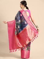 Navy Blue Munga Silk Digital Print Floral Saree with Unstitched Blouse - Hiral Fashion