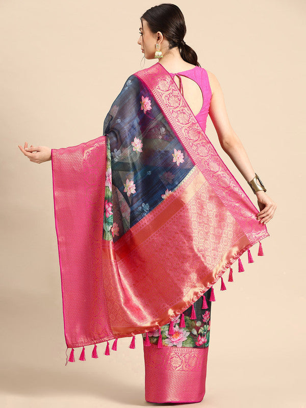Navy Blue Munga Silk Digital Print Floral Saree with Unstitched Blouse - Hiral Fashion