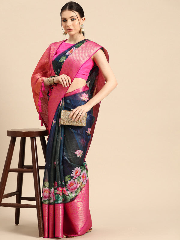 Navy Blue Munga Silk Digital Print Floral Saree with Unstitched Blouse - Hiral Fashion