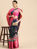 Navy Blue Munga Silk Digital Print Floral Saree with Unstitched Blouse - Hiral Fashion