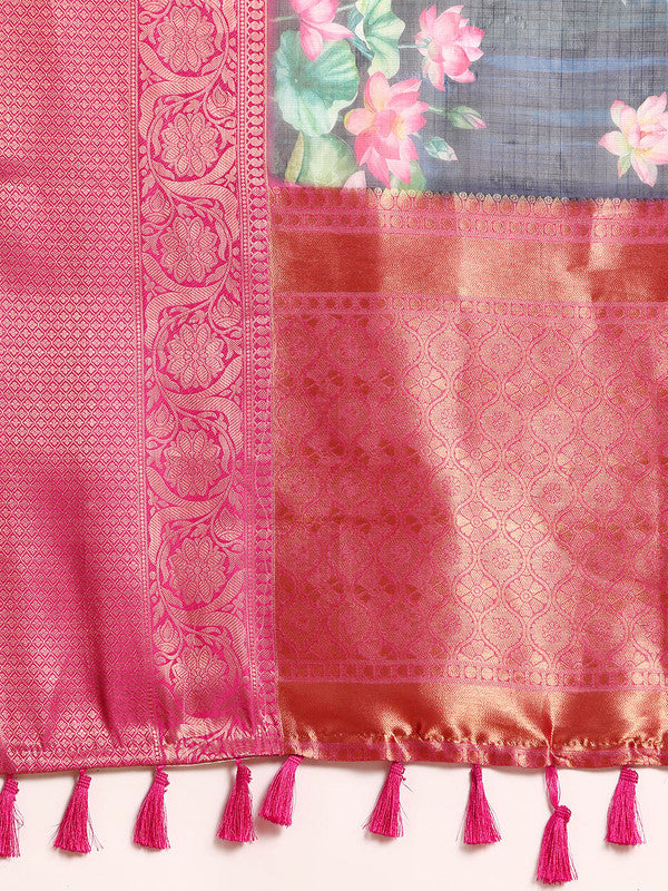 Navy Blue Munga Silk Digital Print Floral Saree with Unstitched Blouse - Hiral Fashion