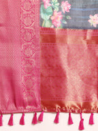 Navy Blue Munga Silk Digital Print Floral Saree with Unstitched Blouse - Hiral Fashion