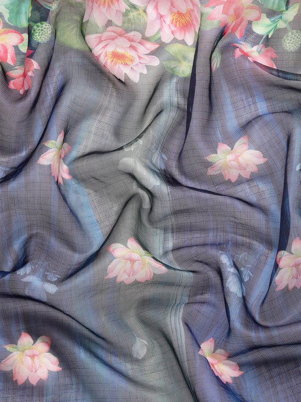 Navy Blue Munga Silk Digital Print Floral Saree with Unstitched Blouse - Hiral Fashion