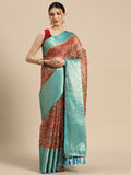 Peach Munga Silk Digital Print Floral Saree with Unstitched Blouse - Hiral Fashion