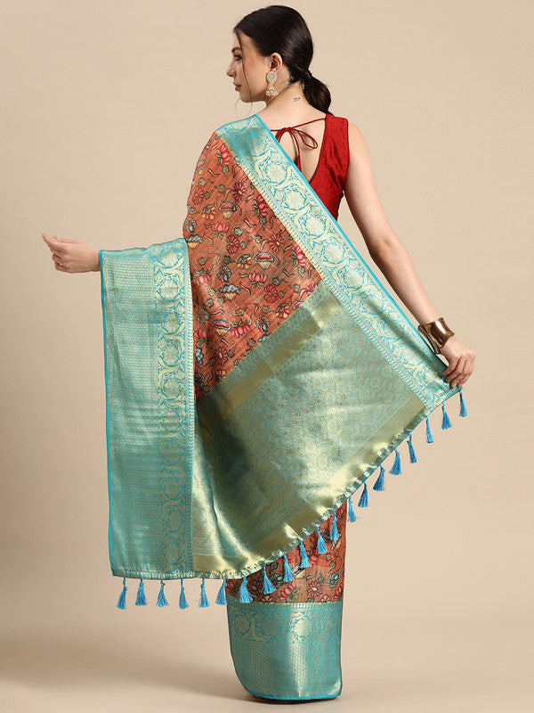 Peach Munga Silk Digital Print Floral Saree with Unstitched Blouse - Hiral Fashion