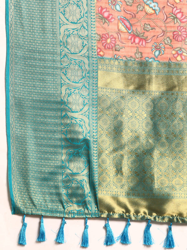 Peach Munga Silk Digital Print Floral Saree with Unstitched Blouse - Hiral Fashion