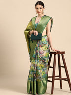 Multicolor Munga Silk Digital Print Floral Saree with Unstitched Blouse - Hiral Fashion