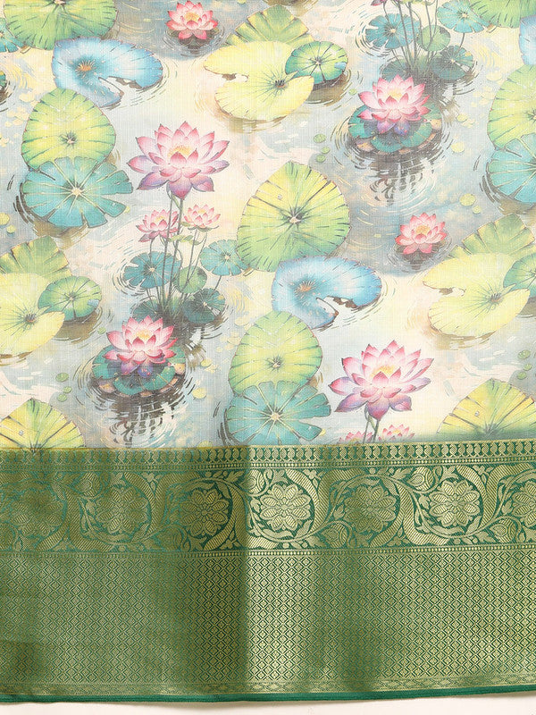 Multicolor Munga Silk Digital Print Floral Saree with Unstitched Blouse - Hiral Fashion