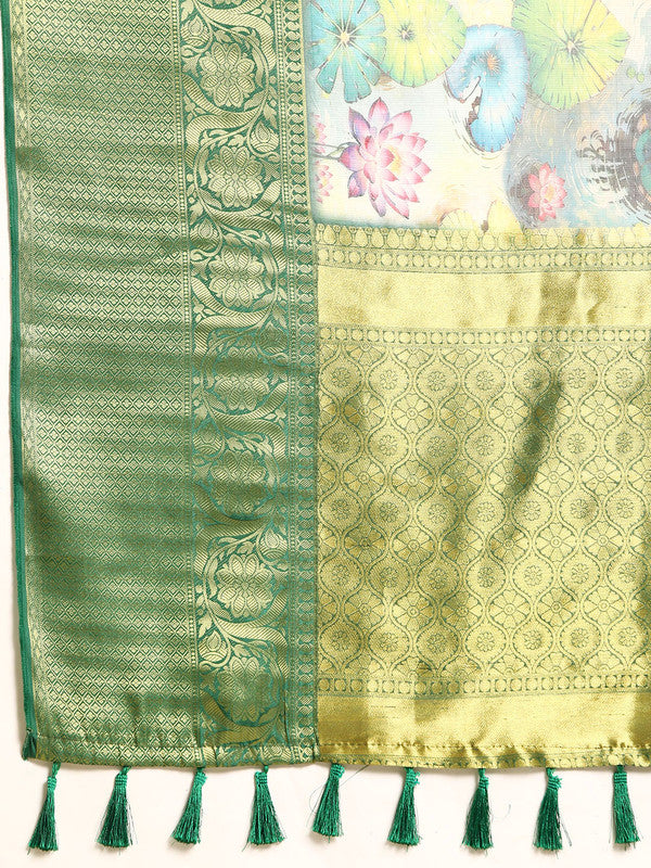 Multicolor Munga Silk Digital Print Floral Saree with Unstitched Blouse - Hiral Fashion
