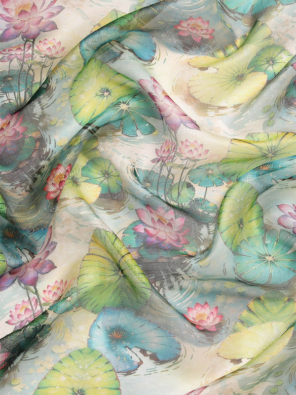 Multicolor Munga Silk Digital Print Floral Saree with Unstitched Blouse - Hiral Fashion