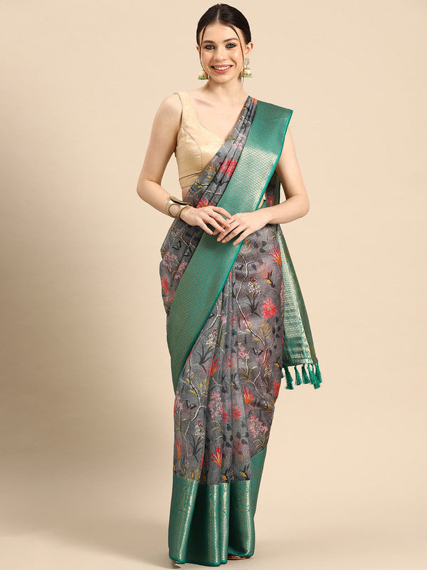 Gray Munga Silk Digital Print Floral Saree with Unstitched Blouse - Hiral Fashion