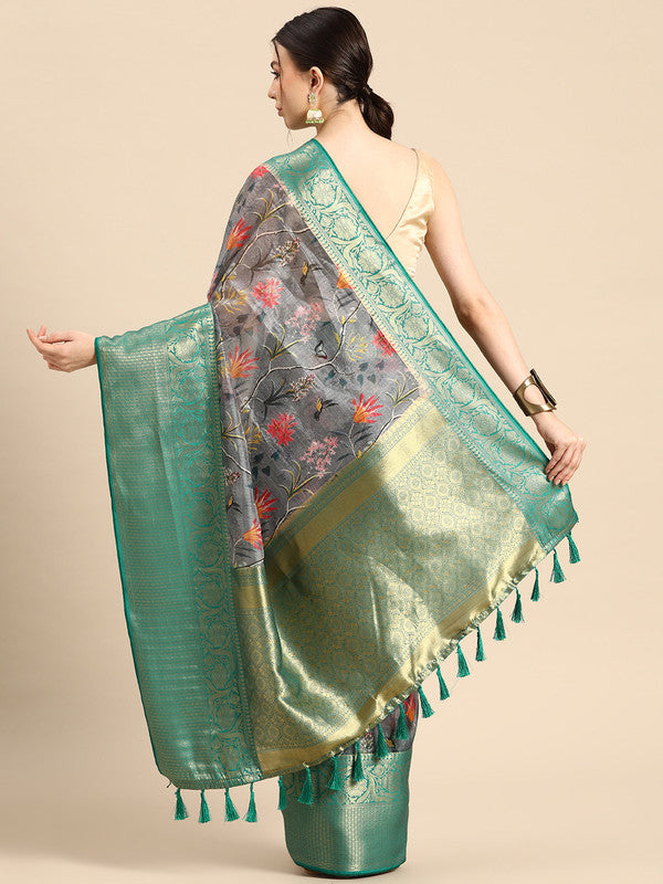 Gray Munga Silk Digital Print Floral Saree with Unstitched Blouse - Hiral Fashion