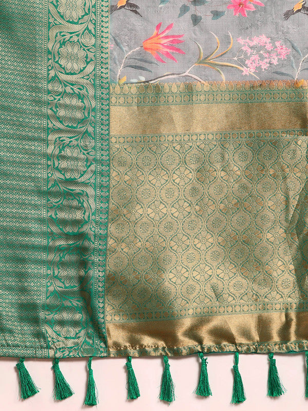 Gray Munga Silk Digital Print Floral Saree with Unstitched Blouse - Hiral Fashion