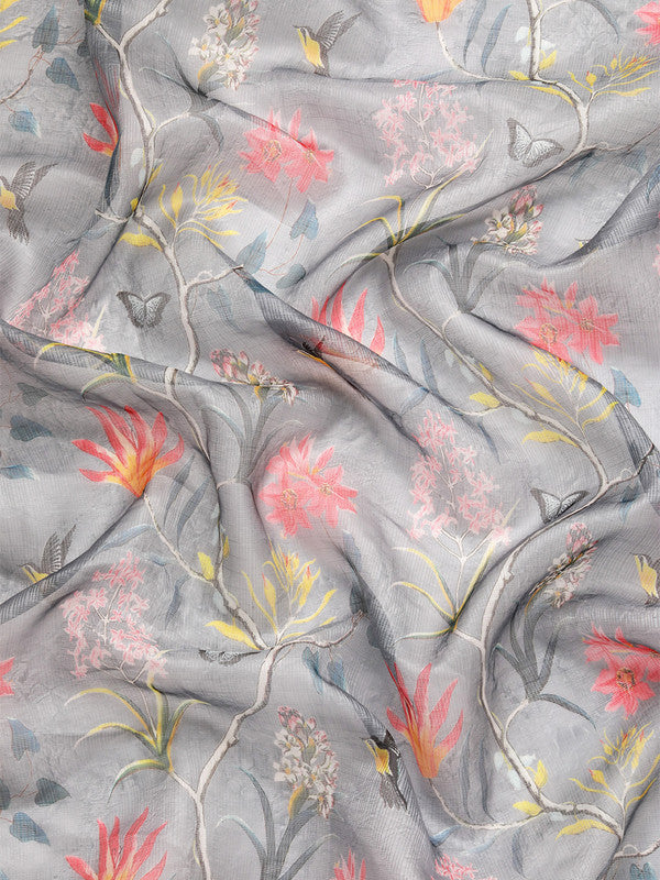 Gray Munga Silk Digital Print Floral Saree with Unstitched Blouse - Hiral Fashion