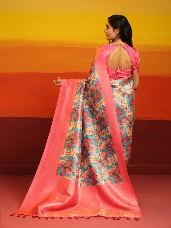 Pink Silk Blend Woven Zari Design Floral Saree with Unstitched Blouse - Hiral Fashion