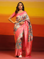 Pink Silk Blend Woven Zari Design Floral Saree with Unstitched Blouse - Hiral Fashion