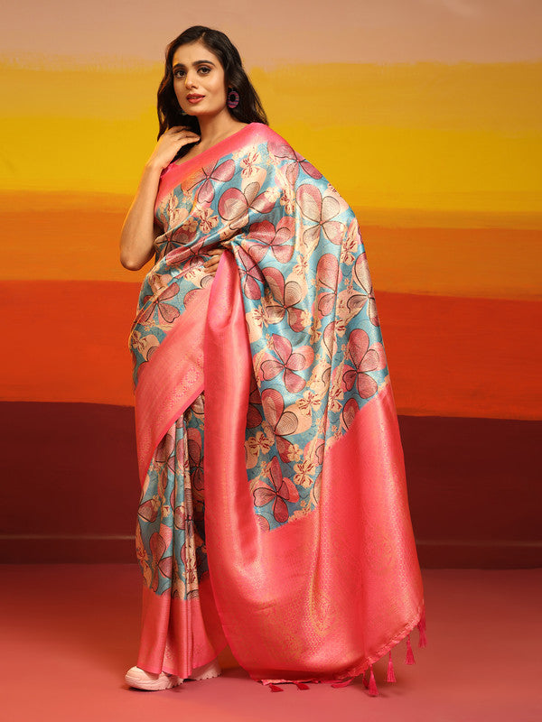 Pink Silk Blend Woven Zari Design Floral Saree with Unstitched Blouse - Hiral Fashion