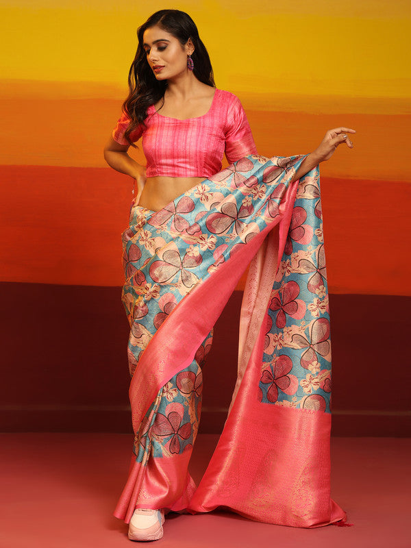 Pink Silk Blend Woven Zari Design Floral Saree with Unstitched Blouse - Hiral Fashion