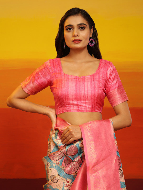 Pink Silk Blend Woven Zari Design Floral Saree with Unstitched Blouse - Hiral Fashion