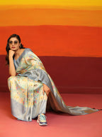 Gray Silk Blend Woven Zari Design Floral Saree with Unstitched Blouse - Hiral Fashion