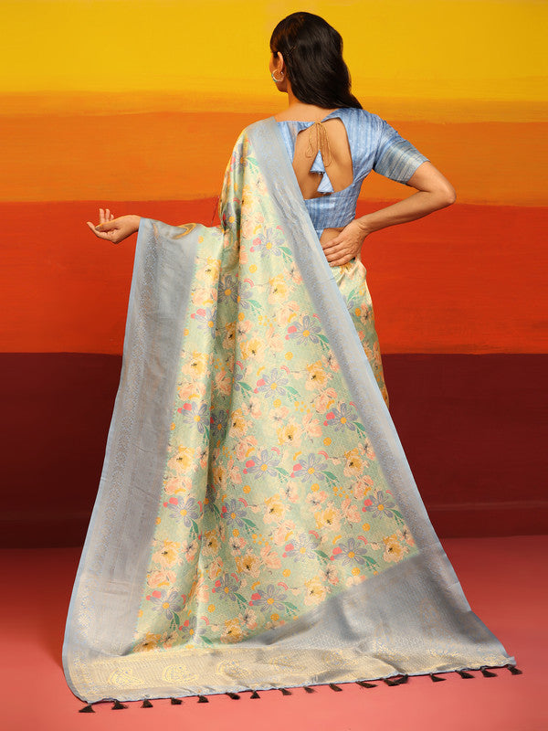 Gray Silk Blend Woven Zari Design Floral Saree with Unstitched Blouse - Hiral Fashion
