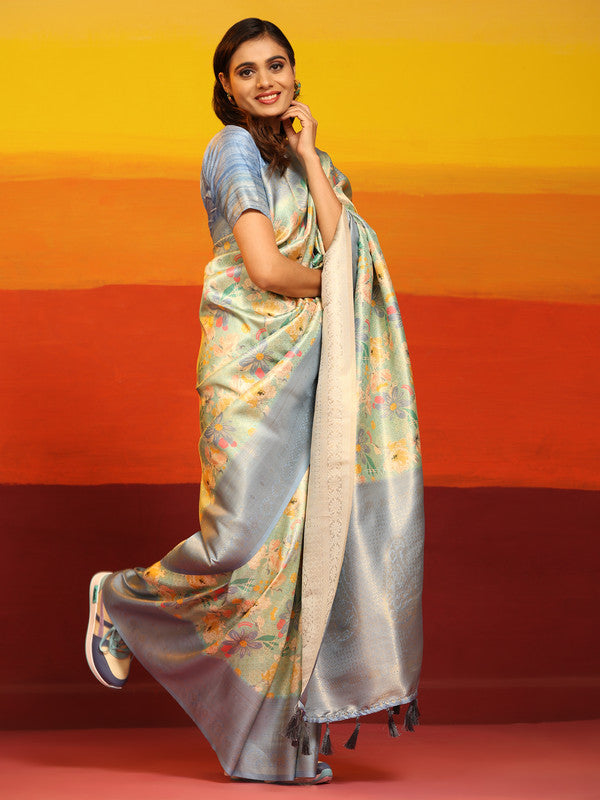 Gray Silk Blend Woven Zari Design Floral Saree with Unstitched Blouse - Hiral Fashion
