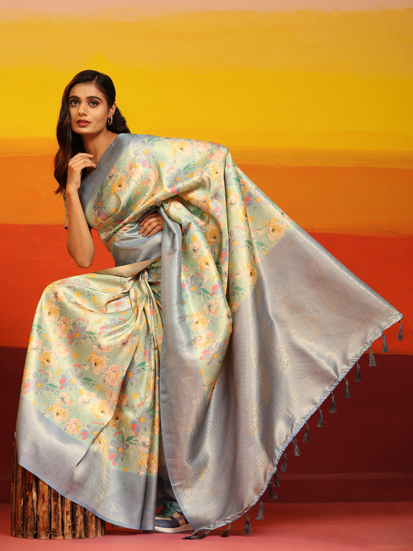Gray Silk Blend Woven Zari Design Floral Saree with Unstitched Blouse - Hiral Fashion