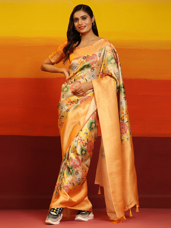 Multicolor Silk Blend Woven Zari Design Floral Saree with Unstitched Blouse - Hiral Fashion