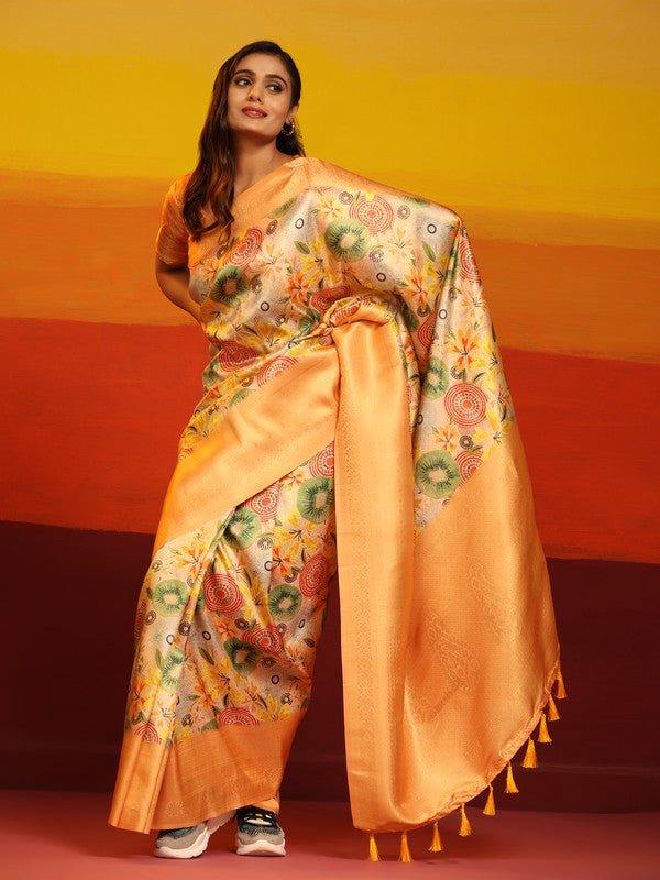 Multicolor Silk Blend Woven Zari Design Floral Saree with Unstitched Blouse - Hiral Fashion